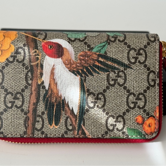 Gucci GG Supreme Tian Print Zip Around Card Case Wallet Beige Multicolor Red - Picture 6 of 10